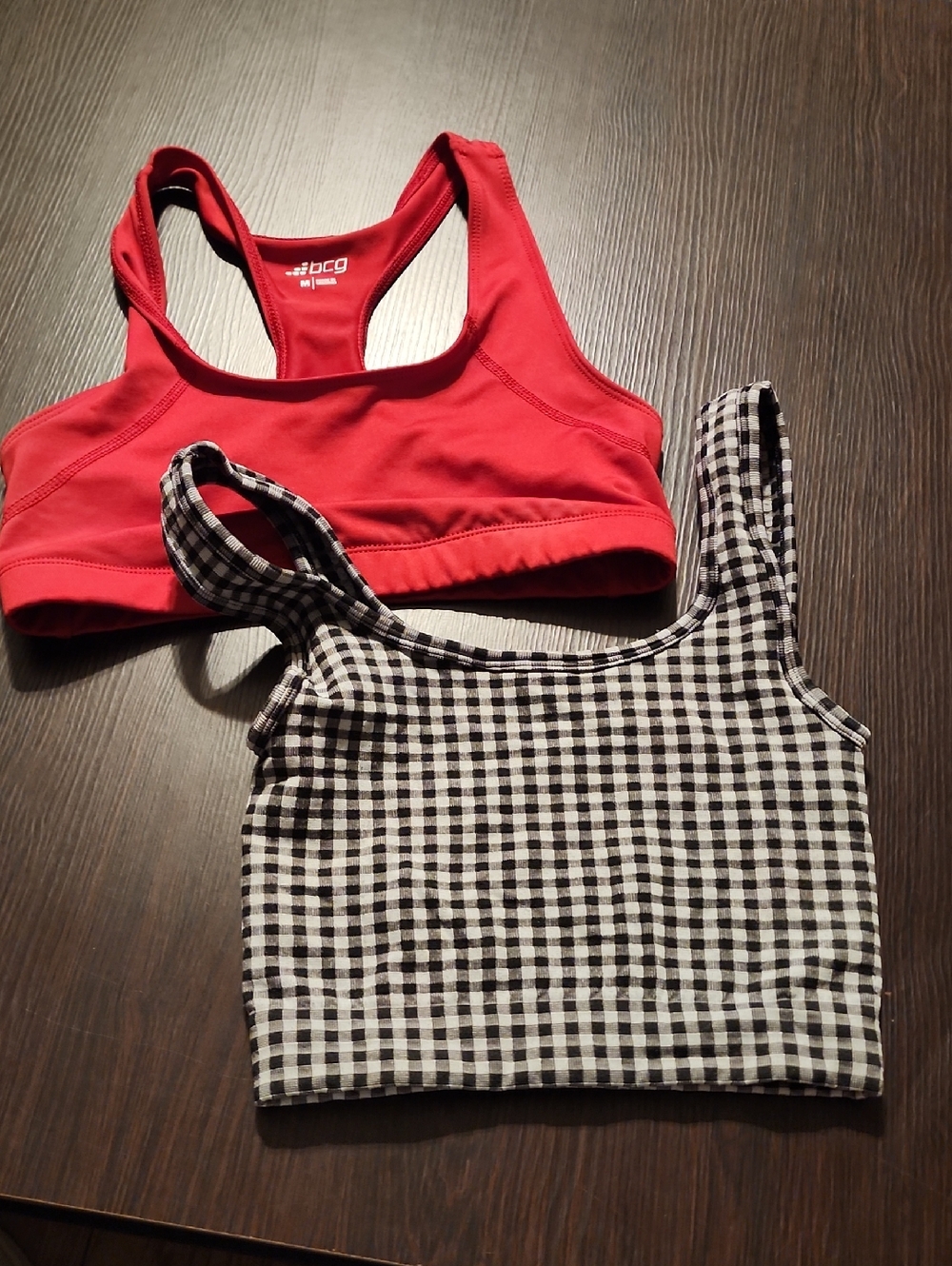 bcg Red Racerback Sports Bra and Black & White Gingham Crop Tank